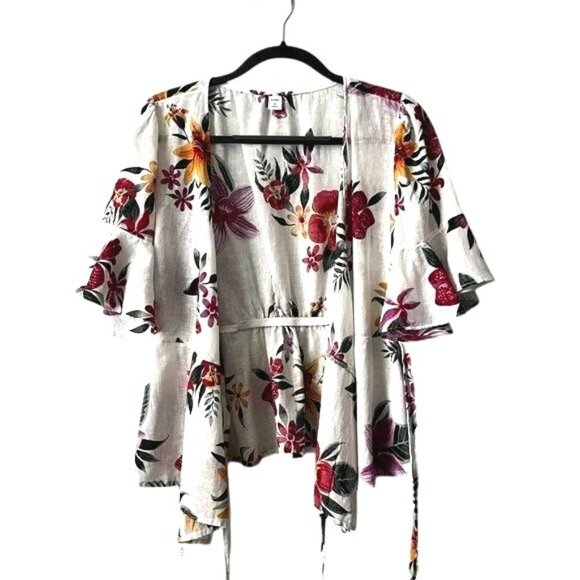 Old Navy Floral Wrap Blouse With Tie Waist & Flared Sleeves Medium - Picture 5 of 7